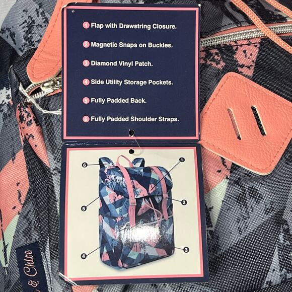 Emma & Chloe Backpack Gray Peach Geometric Abstract Modern School Travel Casual - Picture 9 of 15